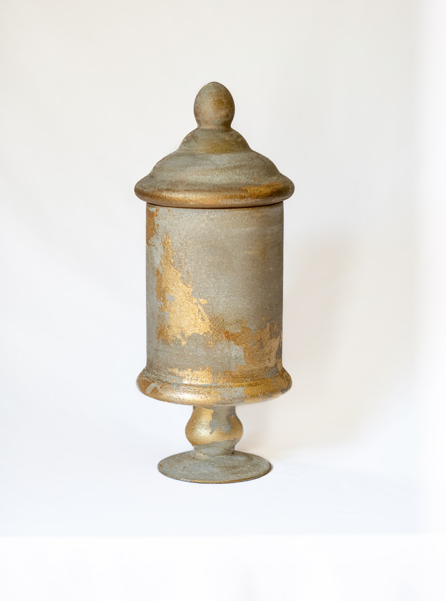 Tall champagne and gold artist-made memorial vessel