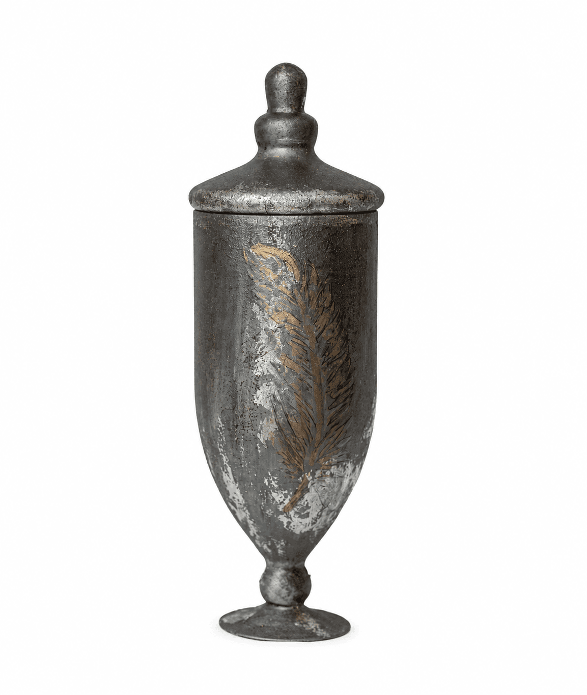 Tall charcoal memorial vessel with a hand-rendered metallic feather
